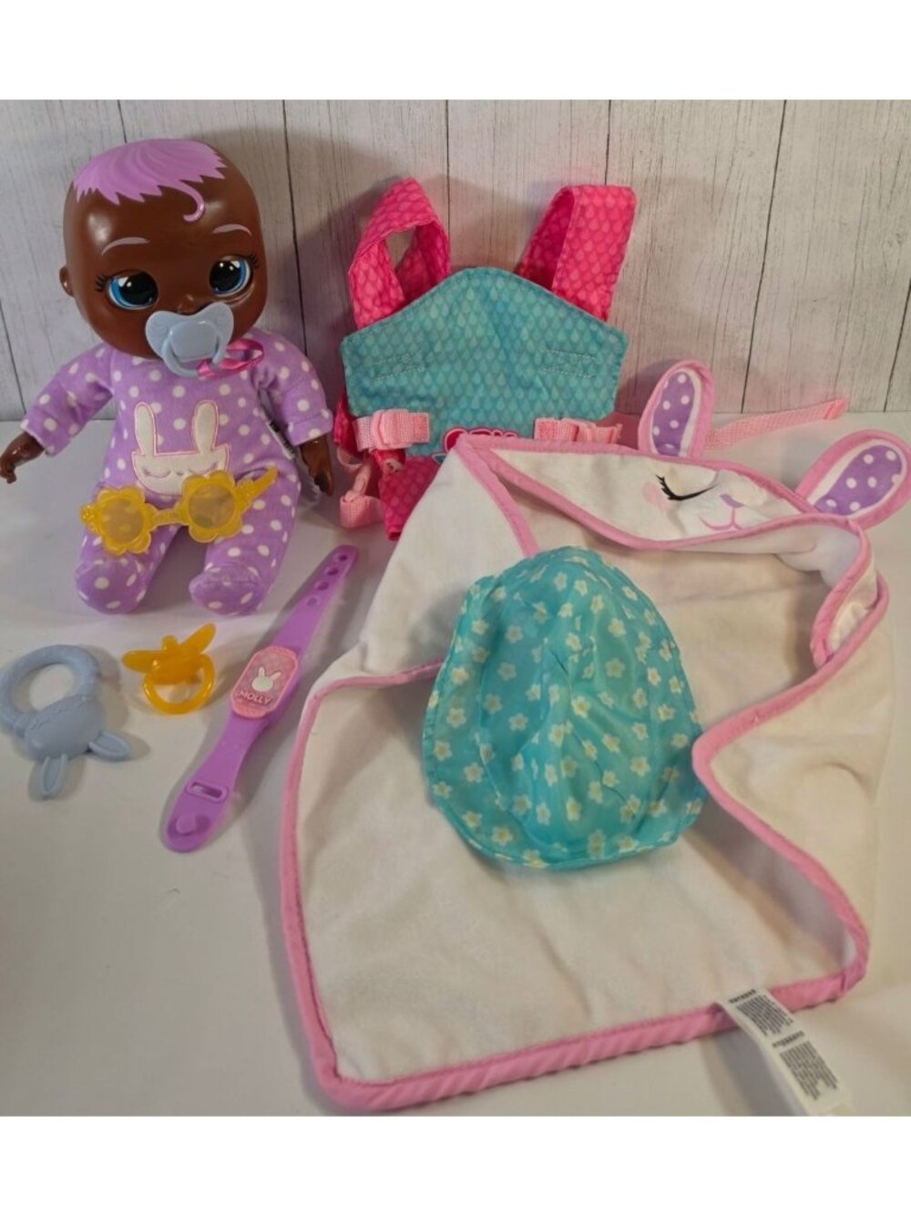CRY BABIES NEWBORN MOLLY INTERACTIVE BABY DOLL SET CARRIER BLANKET ACCESSORIES